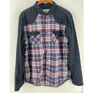 Zara Man Western Denim Plaid Shirt Mens XL Blue Red Slim Fit Mixed Media Rodeo